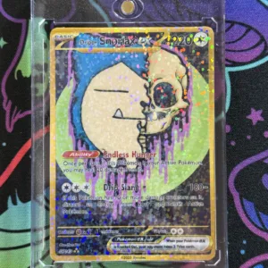 Custom Drippy Snorlax EX card featuring spooky skull artwork with holographic shine and gold-style full art border in magnetic slab