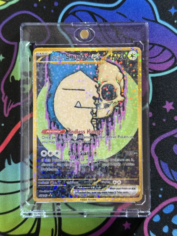 Custom Drippy Snorlax EX card featuring spooky skull artwork with holographic shine and gold-style full art border in magnetic slab