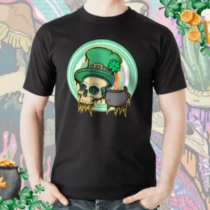 Drippy St. Patrick’s Day Leprechaun Skull T-Shirt – Irish Gothic Horror ArtDrippy St. Patrick’s Day Leprechaun Skull design on a black t-shirt. A gothic horror-inspired Irish skeleton with a melting green top hat, four-leaf clover, and pot of gold.