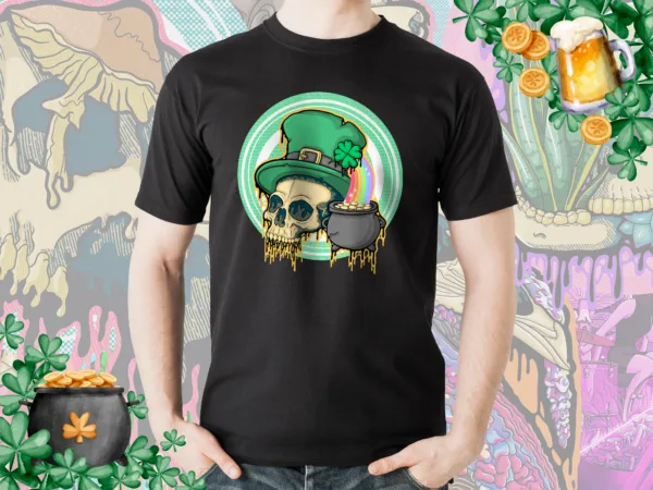 Drippy St. Patrick’s Day Leprechaun Skull T-Shirt – Irish Gothic Horror ArtDrippy St. Patrick’s Day Leprechaun Skull design on a black t-shirt. A gothic horror-inspired Irish skeleton with a melting green top hat, four-leaf clover, and pot of gold.