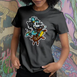 Drippy Steamboat Willie graphic tee in black, featuring a melting vintage cartoon character at the helm of a ship.