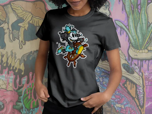 Drippy Steamboat Willie graphic tee in black, featuring a melting vintage cartoon character at the helm of a ship.