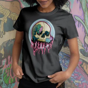 Dark Drippy Succulent Skull Shirt – Vibrant Alternative Gothic Horror Tee Drippy Succulent Skull design on a black t-shirt. A neon gothic skull adorned with succulents, dripping in vibrant horror aesthetic. A must-have for alternative fashion lovers.