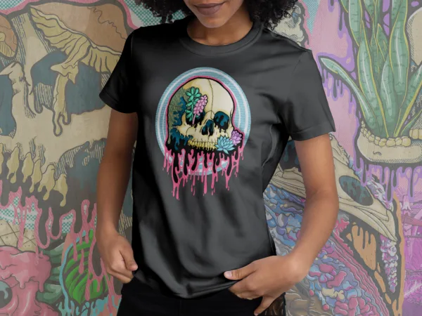 Dark Drippy Succulent Skull Shirt – Vibrant Alternative Gothic Horror Tee Drippy Succulent Skull design on a black t-shirt. A neon gothic skull adorned with succulents, dripping in vibrant horror aesthetic. A must-have for alternative fashion lovers.