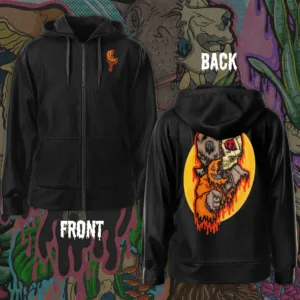 Original horror art by illymakes — Drippy Trick-R-Treat Sam Skull Zipper Hoodie with lollipop front detail and full spooky skull design on the back.