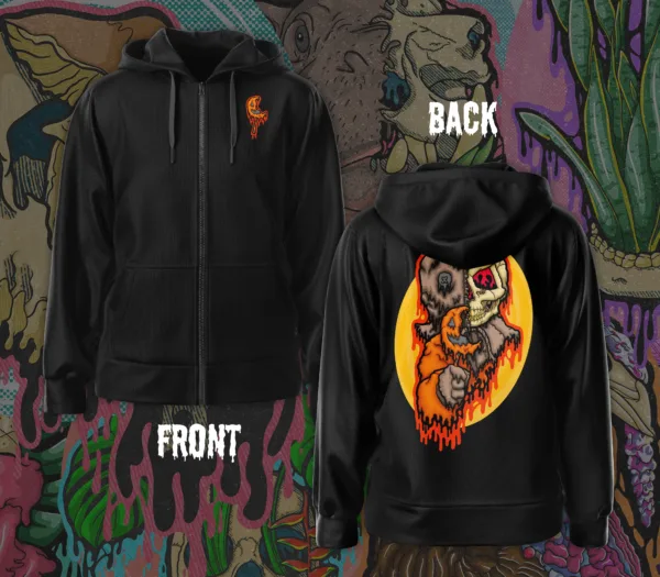 Original horror art by illymakes — Drippy Trick-R-Treat Sam Skull Zipper Hoodie with lollipop front detail and full spooky skull design on the back.