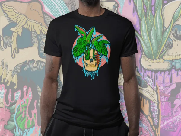 Drippy Tropical Skull graphic tee in black, featuring a melting skull with lush monstera leaves and vibrant heliconia flowers.