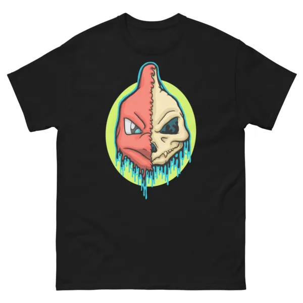 Black t-shirt featuring Pokémon-inspired gothic illustration of Charmeleon depicted as a melting skull in fiery red, cream, teal, and lime-green dripping colors, by illymakes.