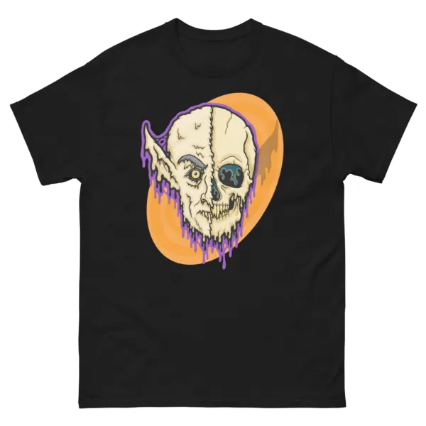 Black unisex t-shirt featuring the Drippy Nosferatu Skull design with a split vampire and skeleton face dripping in bold colors.