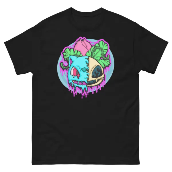 Black unisex t-shirt featuring the Drippy Blooming Beast design — half floral creature, half skull, dripping with eerie detail in vivid colors.