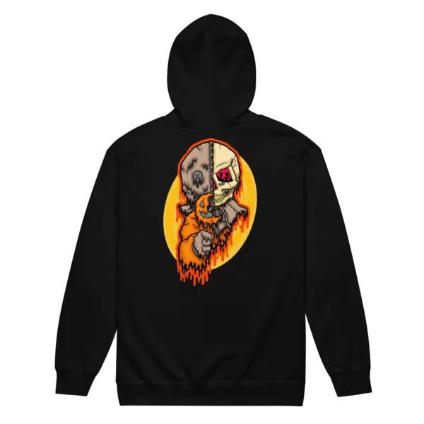 Original horror art by illymakes — Drippy Trick-R-Treat Sam Skull Zipper Hoodie with lollipop front detail and full spooky skull design on the back.