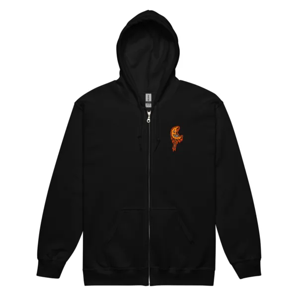 Original horror art by illymakes — Drippy Trick-R-Treat Sam Skull Zipper Hoodie with lollipop front detail and full spooky skull design on the back.