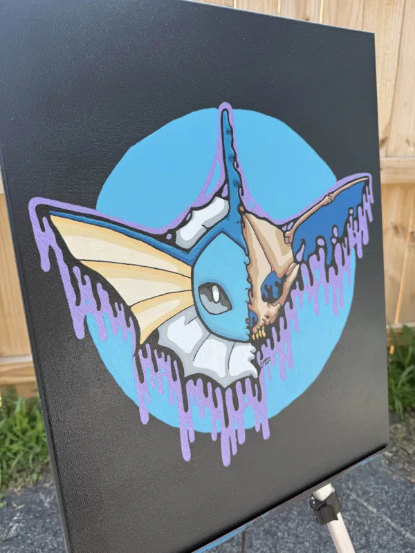 Angled view of the Drippy Vaporeon Skull painting, showing textured brushstrokes and depth. Blue aquatic tones and skeletal features drip into purple highlights over a circular backdrop.