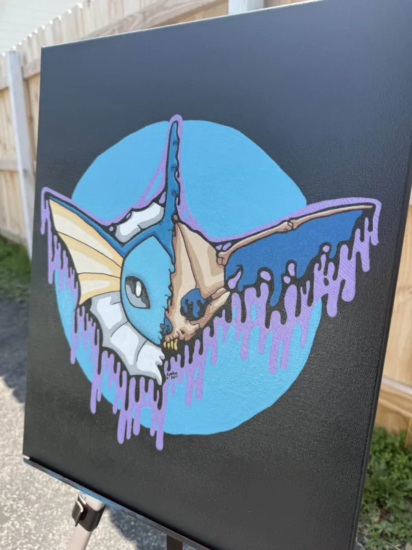 Side view of the Drippy Vaporeon Skull acrylic painting. The watery skull design melts into surreal drips, emphasizing the hand-painted texture and vivid colors.