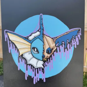 Original acrylic painting of a Drippy Vaporeon Skull on 20x16 canvas. The aquatic skull design drips with blue and purple details, set against a bold circular backdrop. One-of-a-kind, signed and labeled on the back.