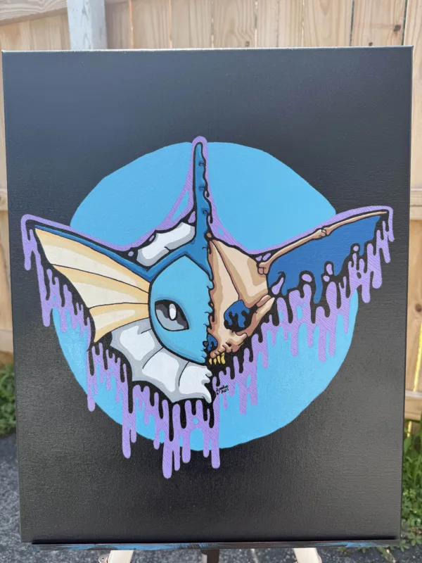 Original acrylic painting of a Drippy Vaporeon Skull on 20x16 canvas. The aquatic skull design drips with blue and purple details, set against a bold circular backdrop. One-of-a-kind, signed and labeled on the back.