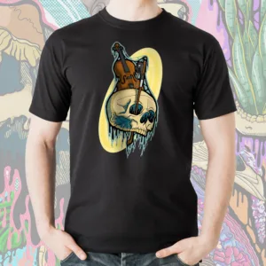 Drippy Violin Skull T-shirt in black, featuring a haunting violin melting into a human skull with surreal gothic elements.