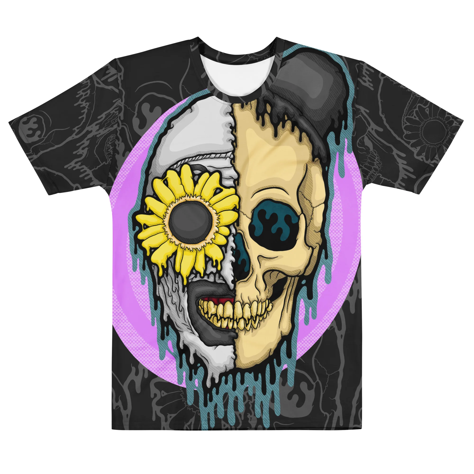 Front view of the Drippy Art the Clown Skull All-Over Print Tee featuring original illymakes art of a split skull with a sunflower eye dripping in neon horror style.