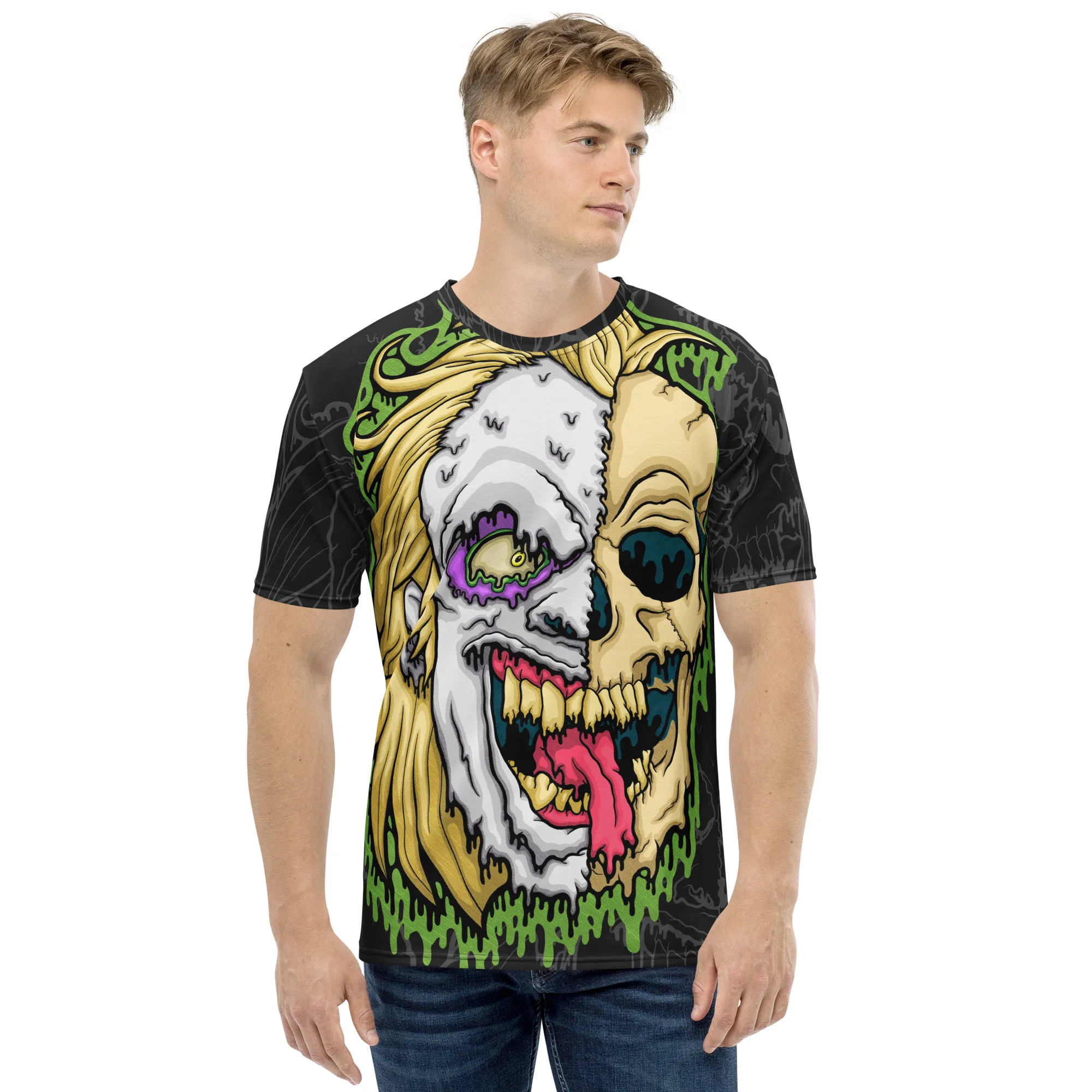 Model wearing the Drippy Beetlejuice Skull All-Over Print Tee featuring a melting green and purple skull design across the front and sleeves.