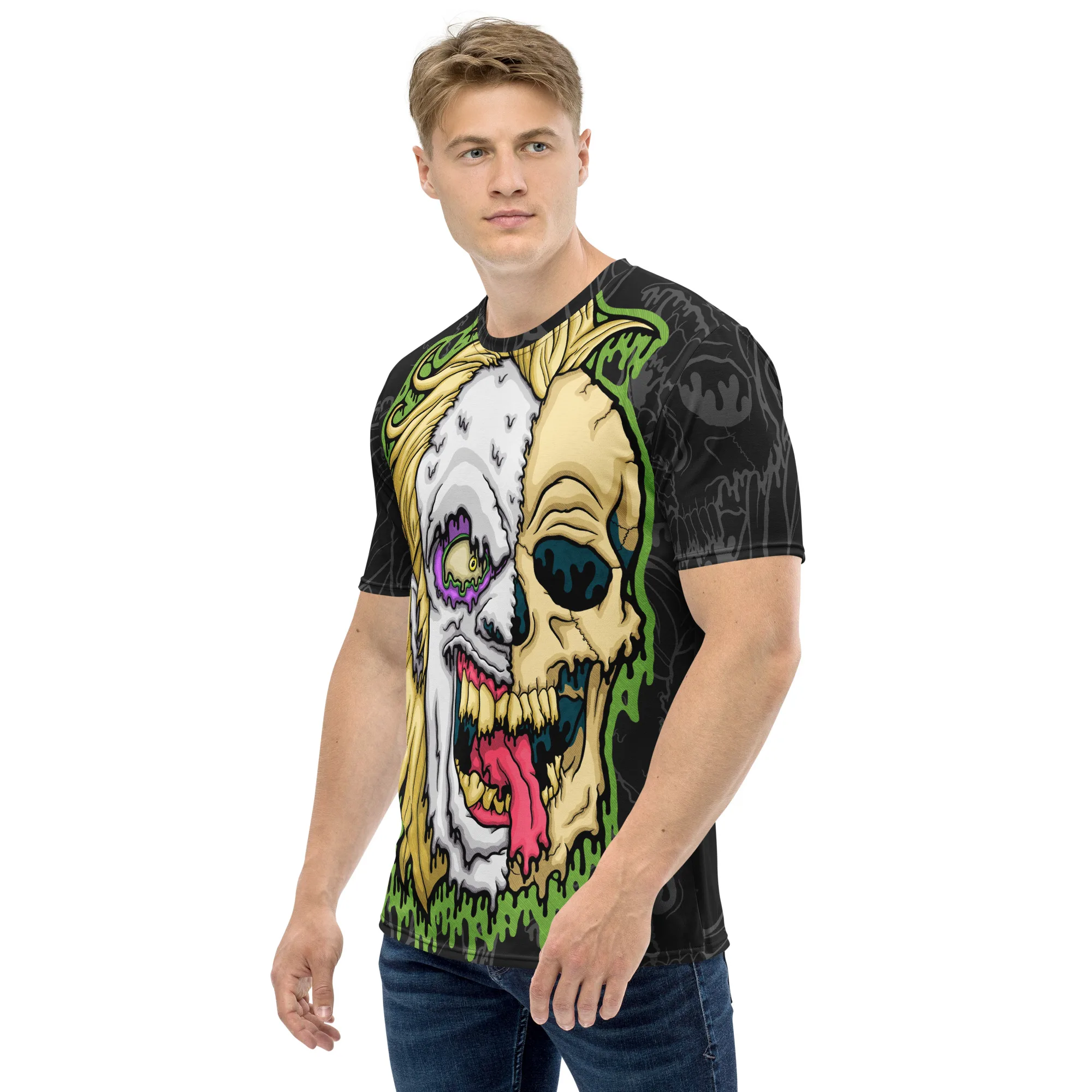 Model wearing the Drippy Beetlejuice Skull All-Over Print Tee featuring a melting green and purple skull design across the front and sleeves.