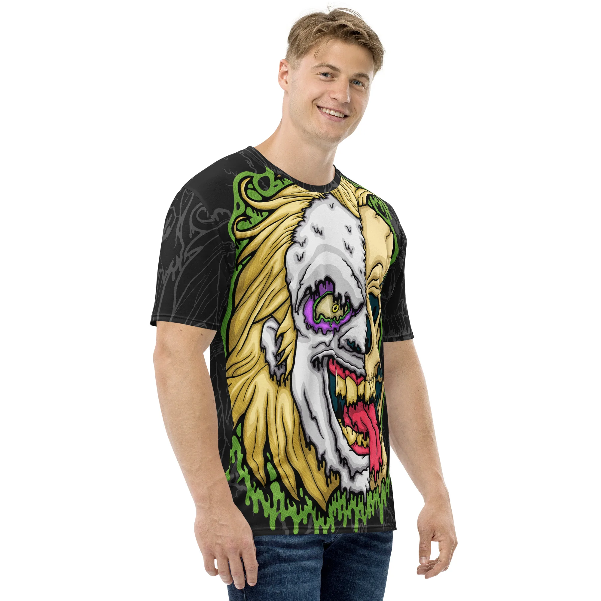 Model wearing the Drippy Beetlejuice Skull All-Over Print Tee featuring a melting green and purple skull design across the front and sleeves.