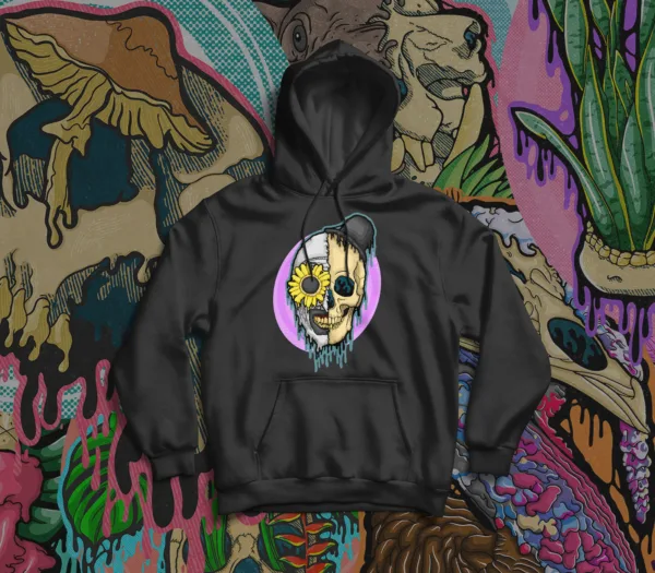 Stay cozy and creepy with the Drippy Art the Clown Skull Hoodie, featuring the infamous slasher from Terrifier reimagined in haunting drippy skull art. Perfect for horror fans and gothic streetwear lovers.