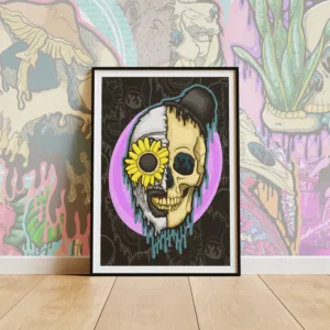 Drippy Art the Clown Skull Poster — original horror art by illymakes. Terrifier slasher reimagined in neon-drip skull style on matte paper.