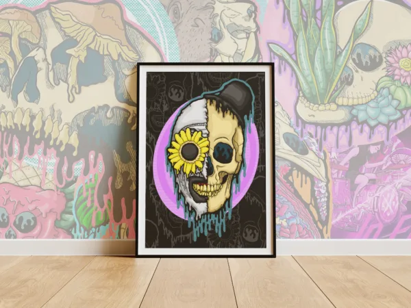 Drippy Art the Clown Skull Poster — original horror art by illymakes. Terrifier slasher reimagined in neon-drip skull style on matte paper.
