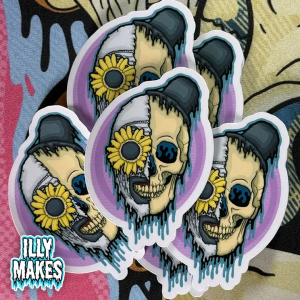 Drippy Art the Clown Skull Sticker — original illymakes horror art reimagining the Terrifier slasher in neon-drip skull style.