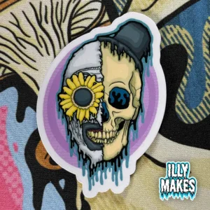 Drippy Art the Clown Skull Sticker — original illymakes horror art reimagining the Terrifier slasher in neon-drip skull style.