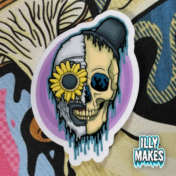 Drippy Art the Clown Skull Sticker — original illymakes horror art reimagining the Terrifier slasher in neon-drip skull style.