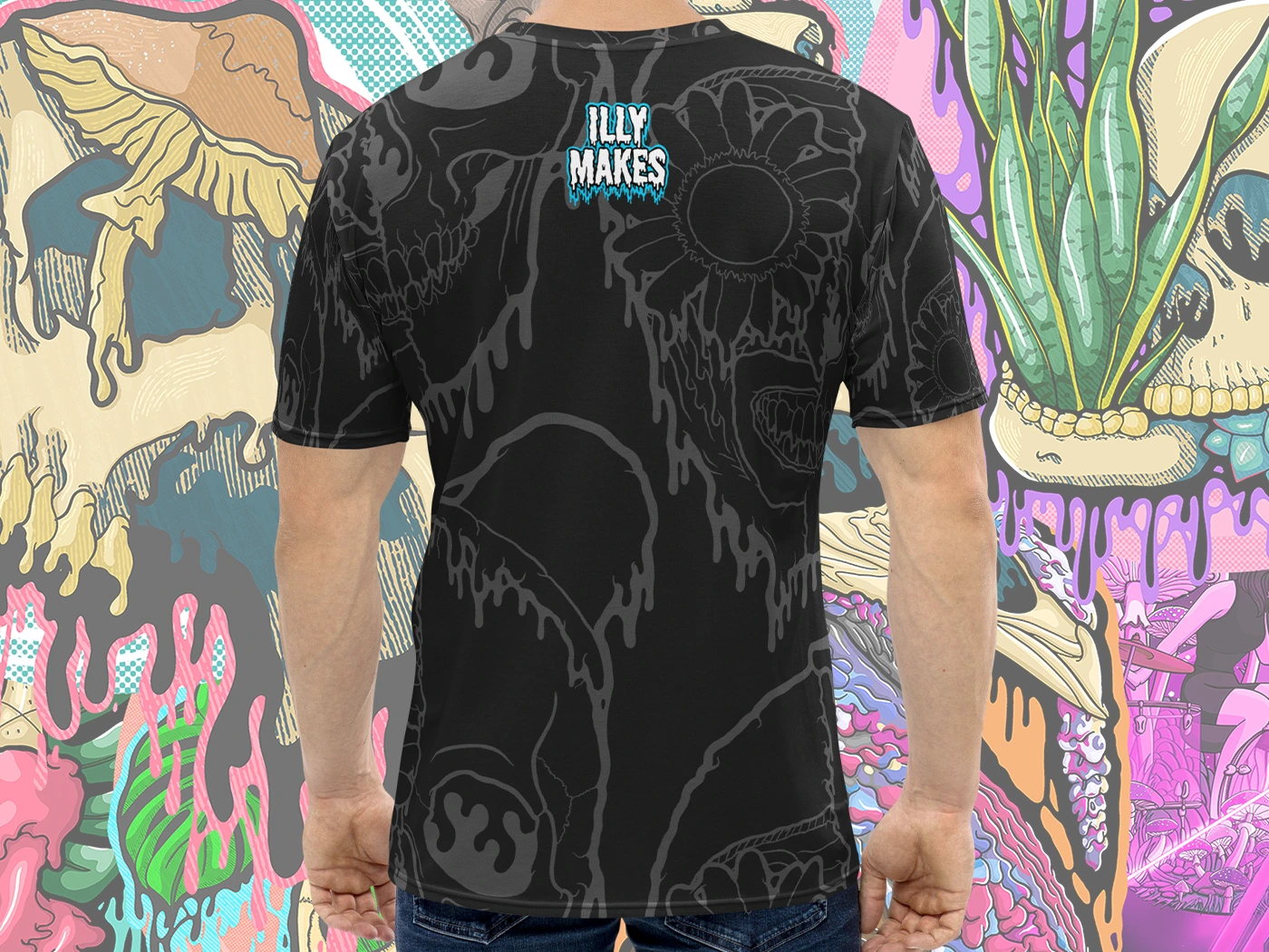 Model wearing the Drippy Art the Clown Skull shirt showcasing the full wraparound print and vivid horror-inspired details.