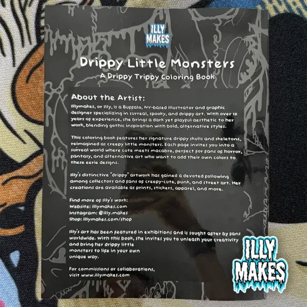Back cover of Drippy Little Monsters coloring book showing artist information, series details, and preview art of creepy drippy creatures.