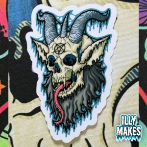 Front view of the Drippy Baphomet Skull 2 Sticker featuring a melting horned goat skull with dripping details and glowing eyes.