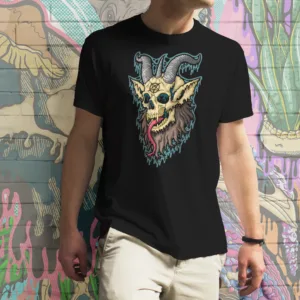 Front view of the Drippy Baphomet Skull 2 Tee featuring original illymakes art of a horned goat skull dripping in eerie neon detail.