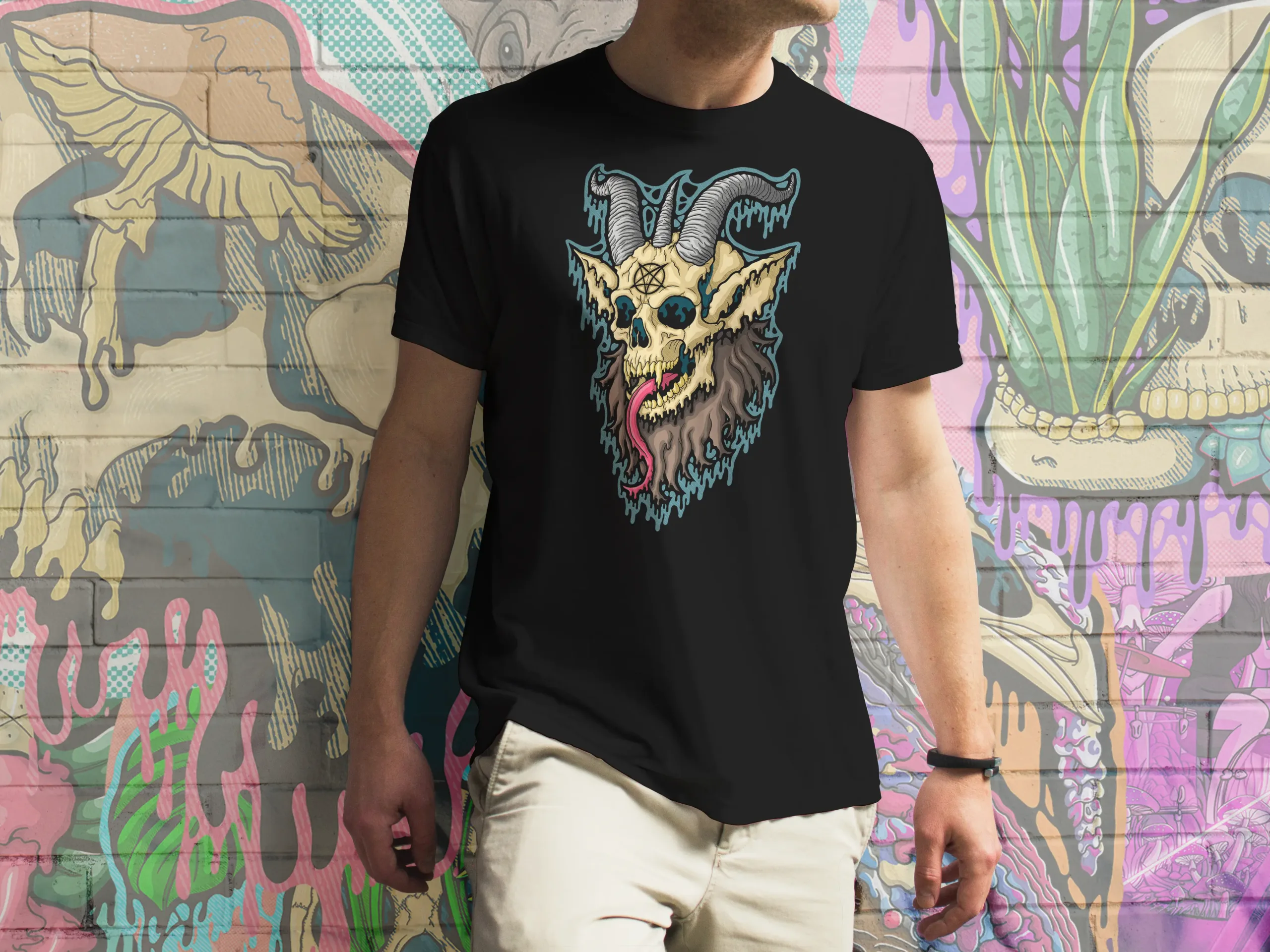 Front view of the Drippy Baphomet Skull 2 Tee featuring original illymakes art of a horned goat skull dripping in eerie neon detail.