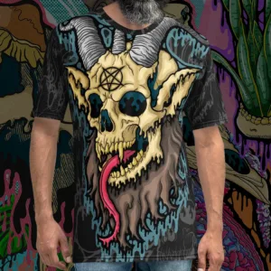 Front view of the Drippy Baphomet Skull 2 All-Over Print Tee featuring original illymakes art of a horned goat skull dripping in neon horror detail.
