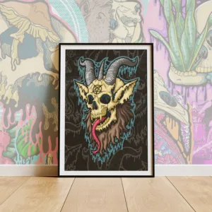 Front view of the Drippy Baphomet Skull 2 Poster featuring original illymakes art of a melting horned skull with a pentagram on matte paper.