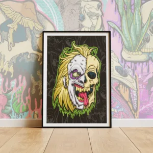 Front view of the Drippy Beetlejuice Skull Poster featuring original illymakes art of a melting green and purple skull on matte paper.