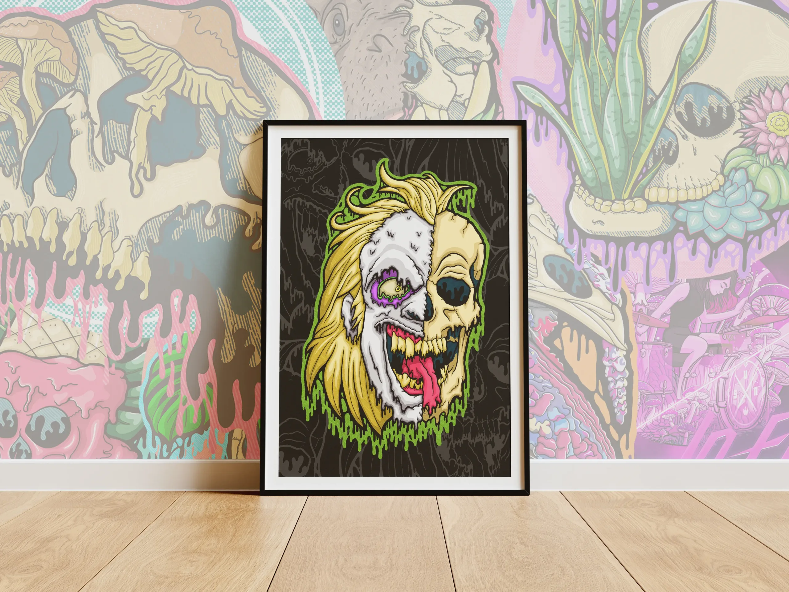 Front view of the Drippy Beetlejuice Skull Poster featuring original illymakes art of a melting green and purple skull on matte paper.