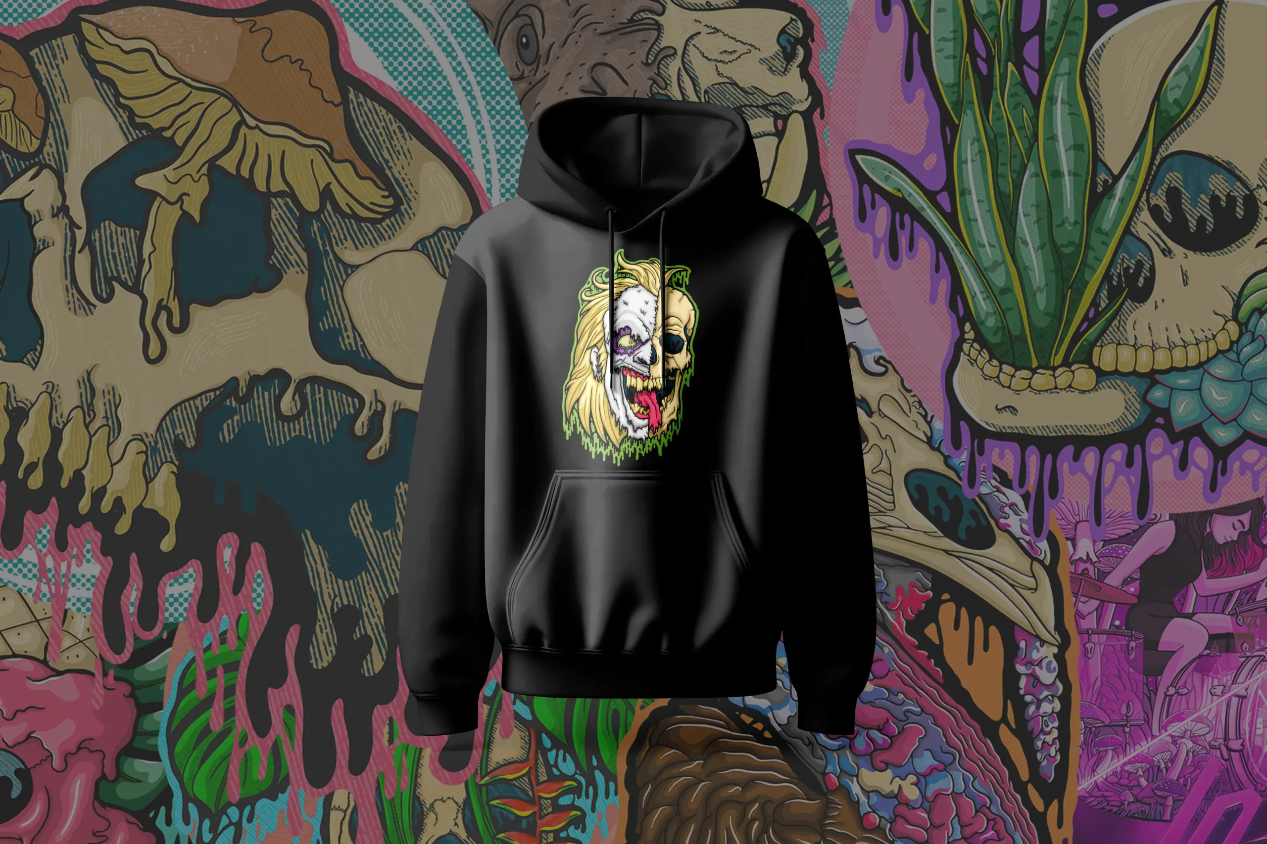 Front view of the Drippy Beetlejuice Skull Hoodie featuring original illymakes art of a melting green and purple skull in horror-drip style.