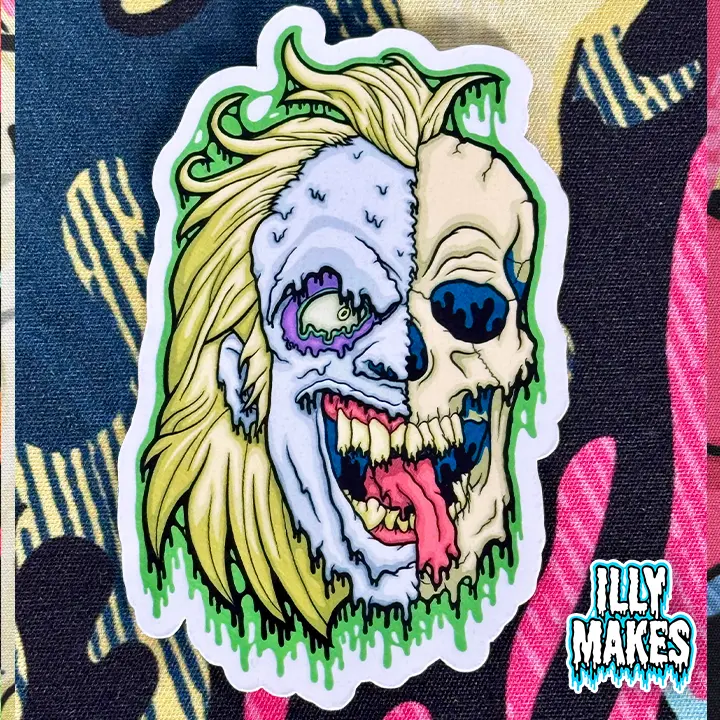 Front view of the Drippy Beetlejuice Skull Sticker featuring a neon green and purple melting skull design by illymakes.