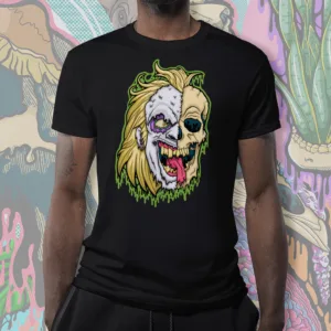 Front view of the Drippy Beetlejuice Skull Tee featuring original illymakes art of a melting green and purple skull with horror-inspired details.