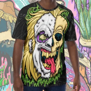 Model wearing the Drippy Beetlejuice Skull All-Over Print Tee featuring a melting green and purple skull design across the front and sleeves.