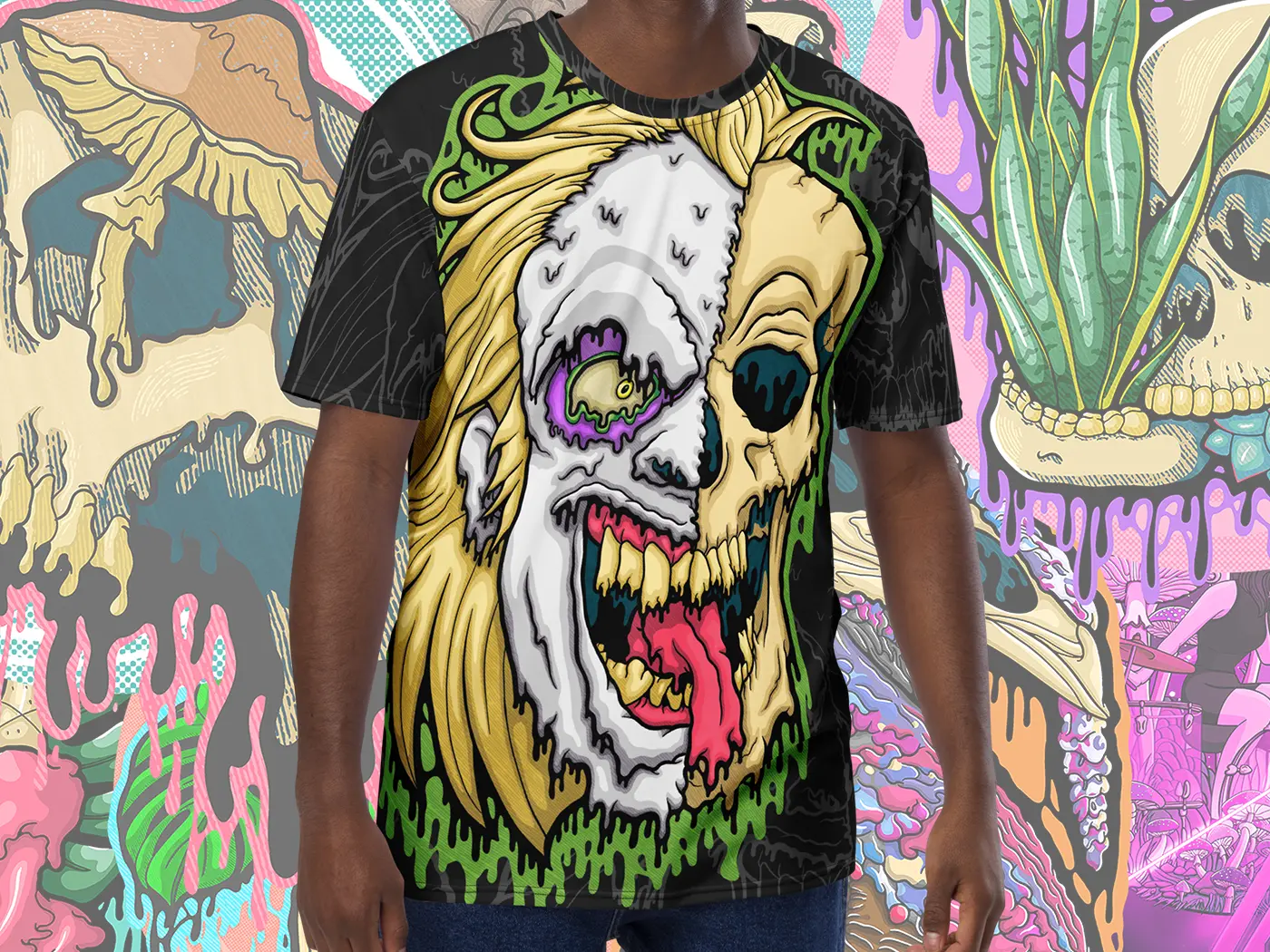 Model wearing the Drippy Beetlejuice Skull All-Over Print Tee featuring a melting green and purple skull design across the front and sleeves.