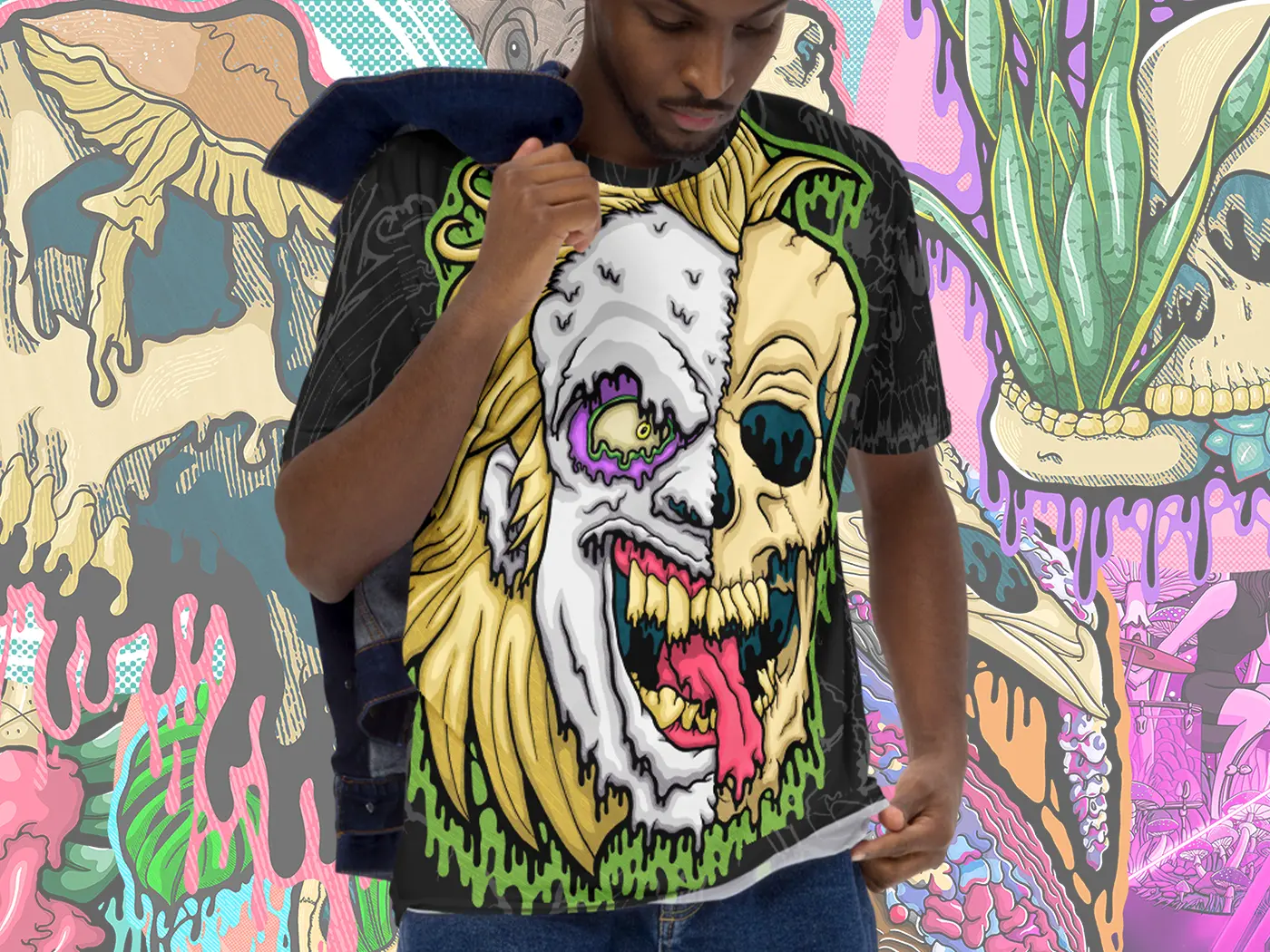 Model wearing the Drippy Beetlejuice Skull All-Over Print Tee featuring a melting green and purple skull design across the front and sleeves.
