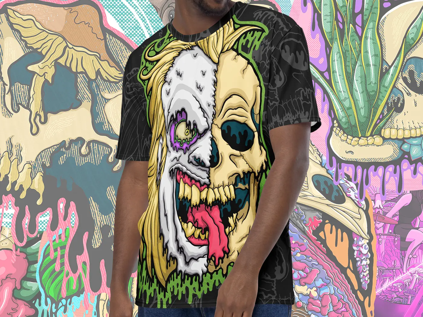 Model wearing the Drippy Beetlejuice Skull All-Over Print Tee featuring a melting green and purple skull design across the front and sleeves.