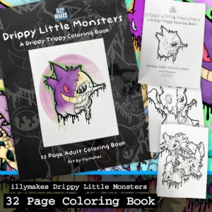 Drippy Little Monsters coloring book showing the front cover and several interior pages with drippy skull and skeleton illustrations in a creepy-cute anime style.