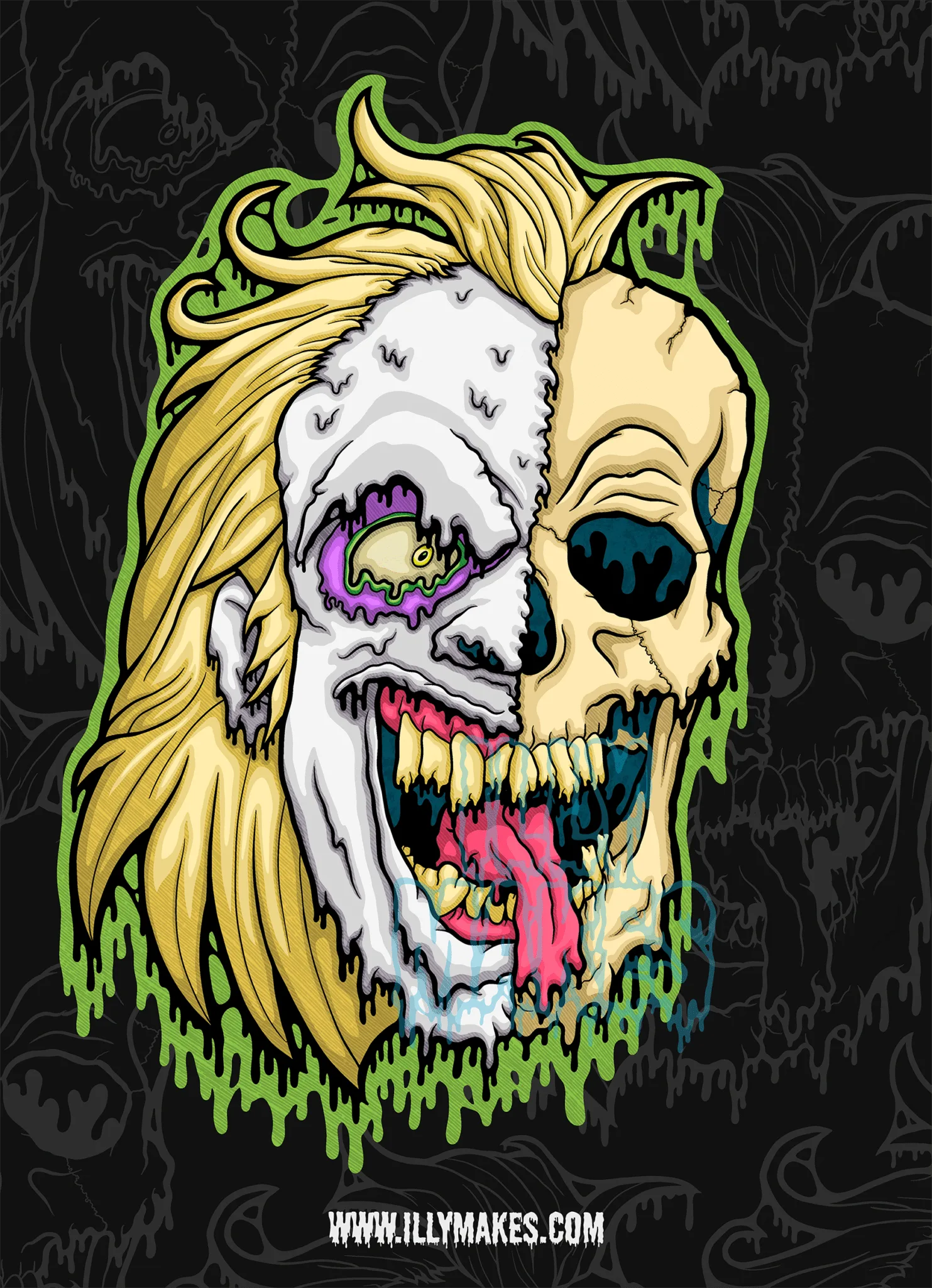 Drippy Beetlejuice Skull illustration, neon green and purple skull with dripping details and ghostly, horror-inspired texture.