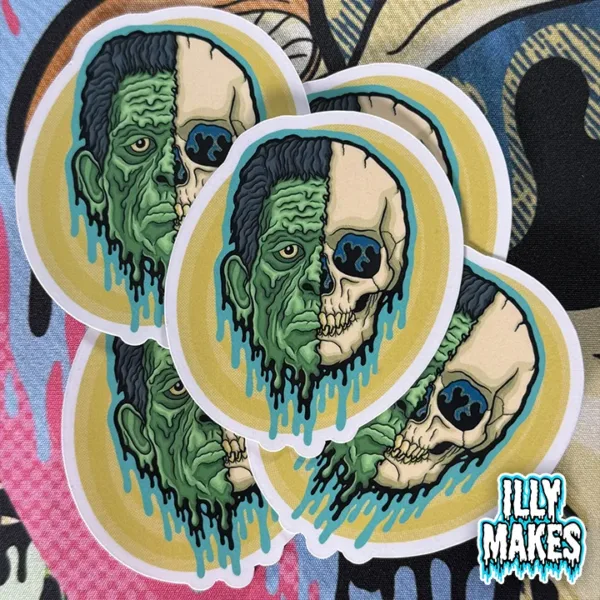 Original illymakes Drippy Frankenstein Skull Sticker — horror-inspired decals with bold neon drips and monster vibes.